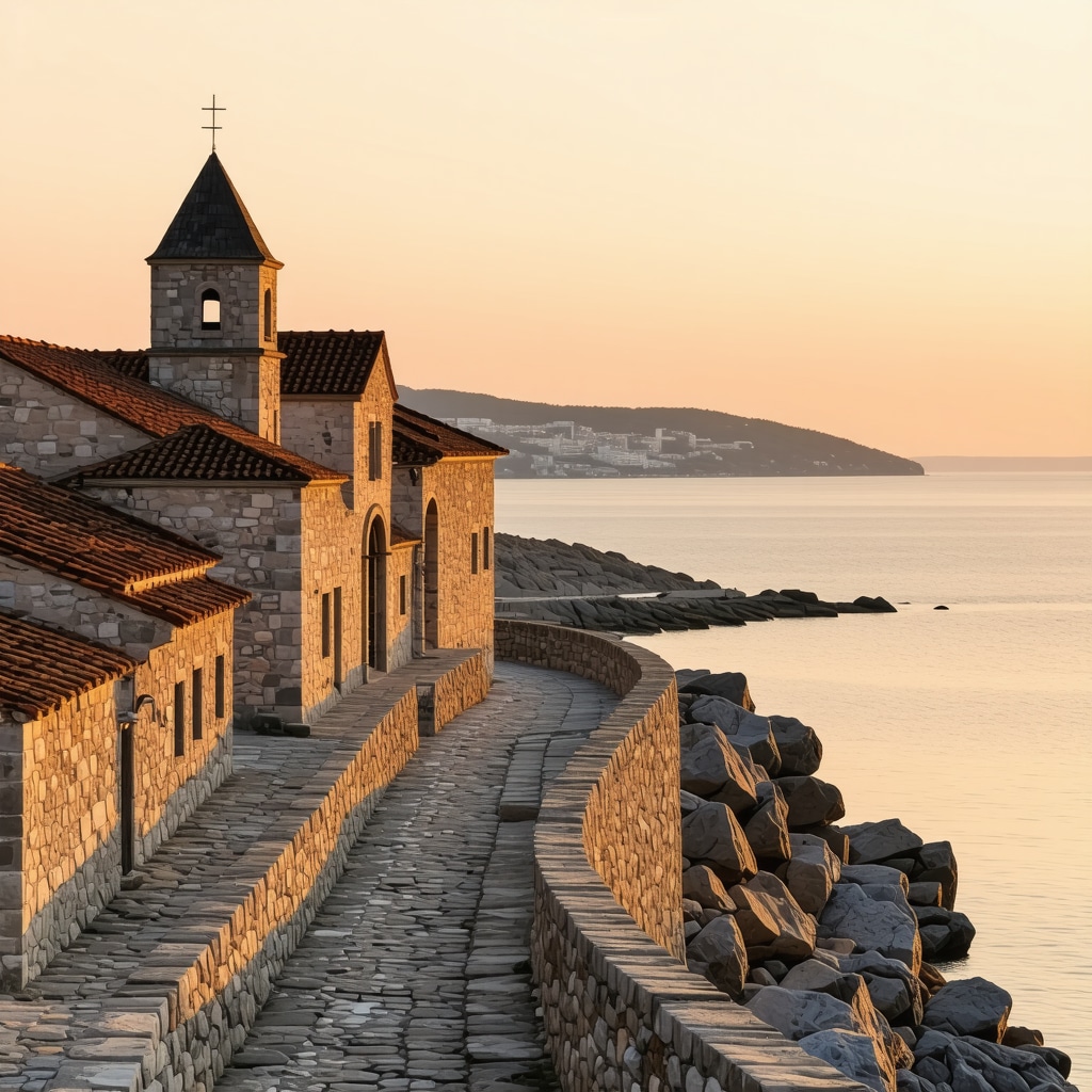 Panoramic sunset view of Nesebar old town with historic churches and Black Sea coastline