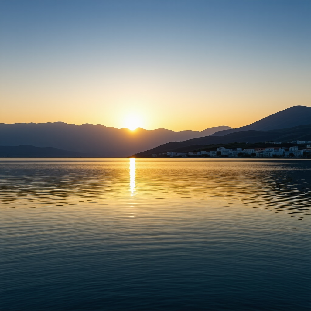 Scenic panoramic view of Ohrid Lake during sunset with mountains in the background