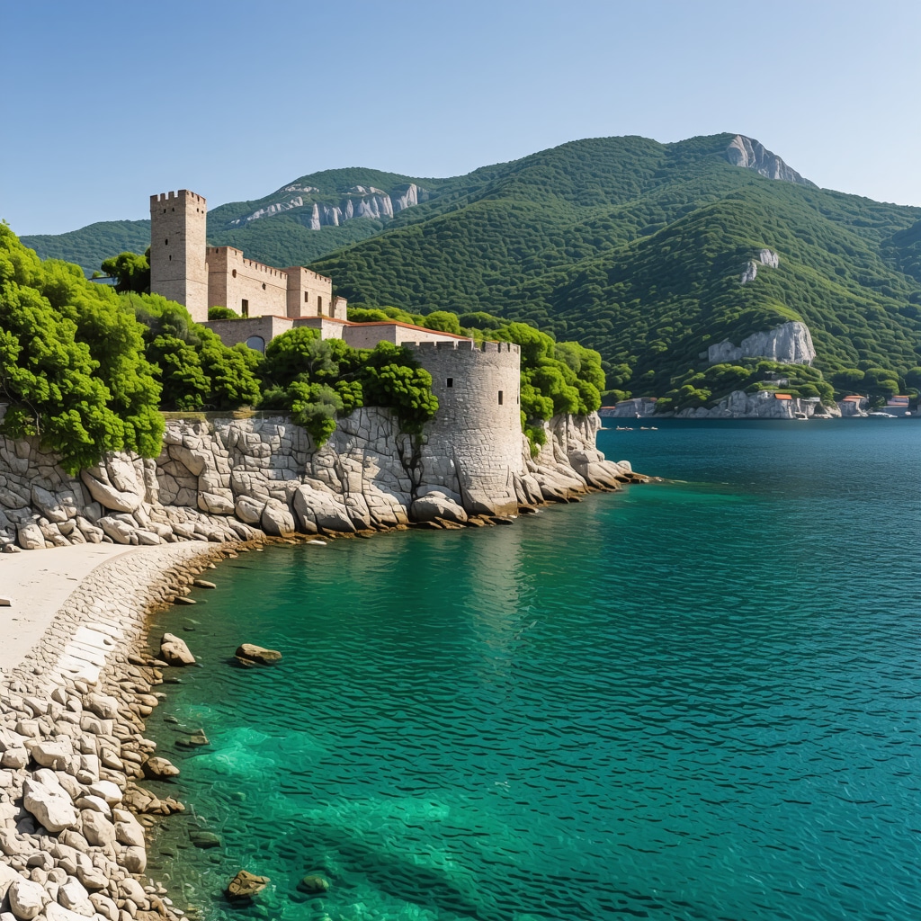 Panoramic view of Petrovac coastline with Kastio fortress and Adriatic Sea