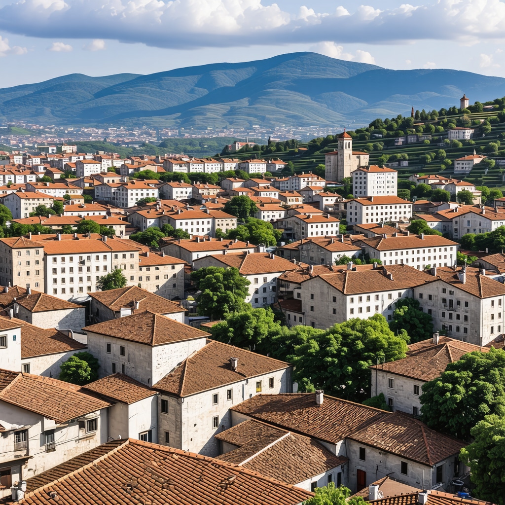 Panoramic view of historic Prizren with mountains and cultural sites in 2025