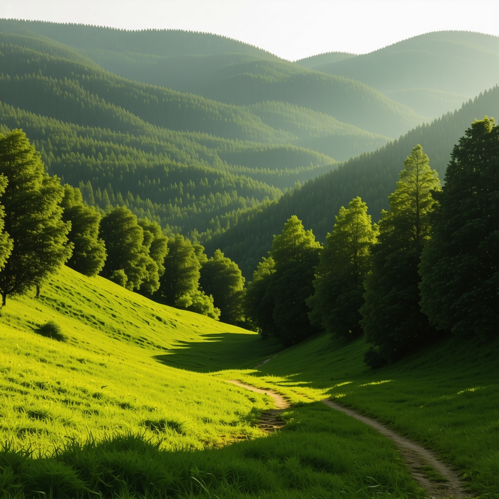 Lush green mountain trail in Pljevlja, Montenegro during early morning light