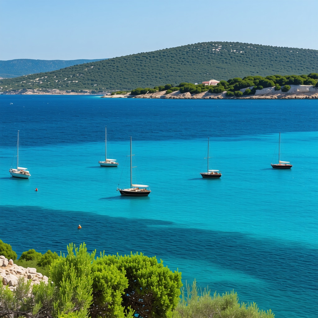 Vedere panoramică a coastelor din Zadar cu mări albastre și insule în zare, în lumina soarelui de vară