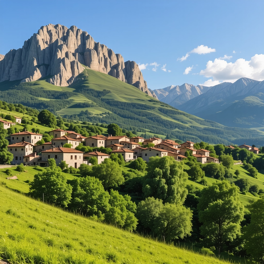 Peisaj montan spectaculos cu sat tradițional balcanic