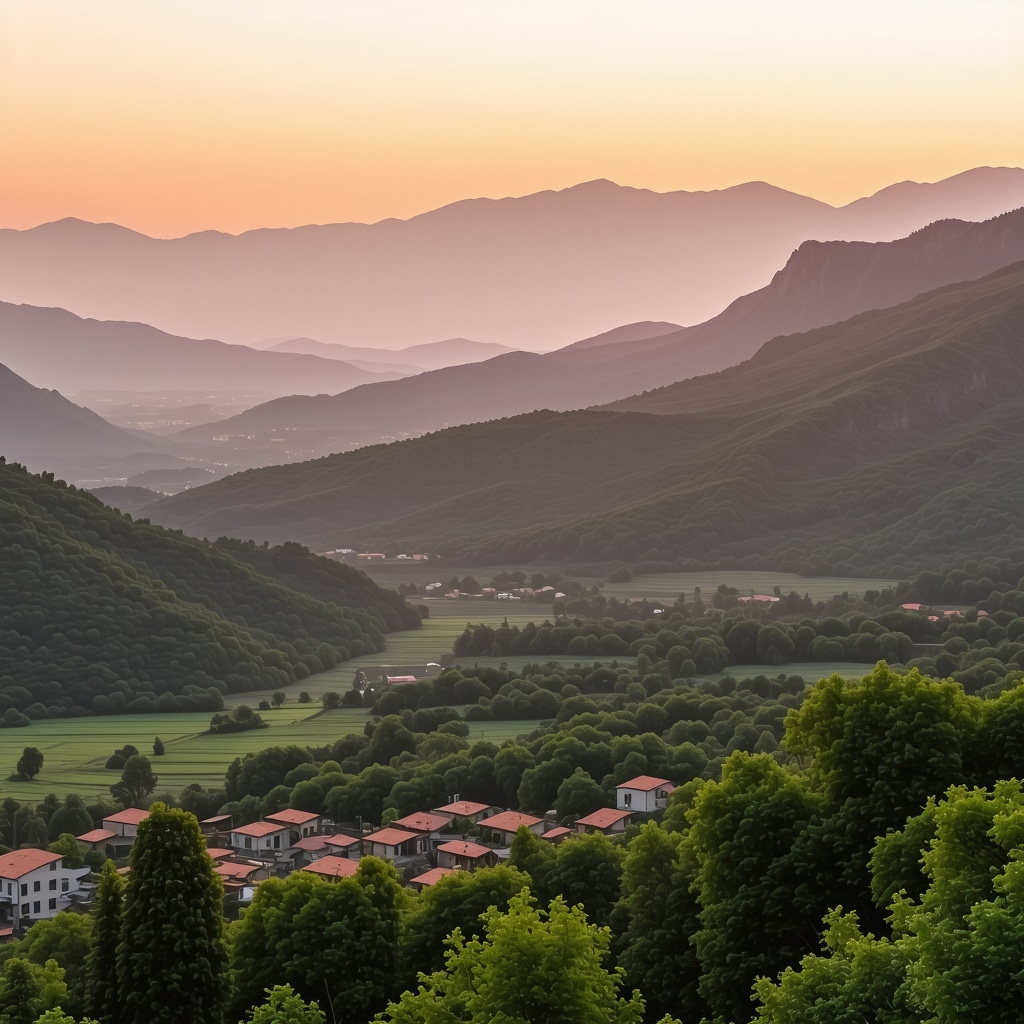 Vedere panoramică a munților Balcanilor cu sate tradiționale și vegetație luxuriantă la răsăritul soarelui