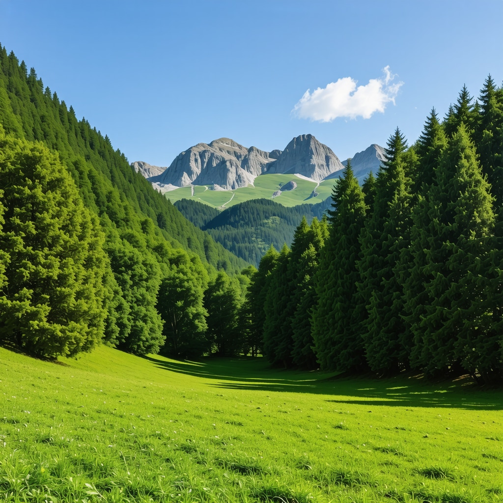 Peisaj montan din Balcani cu păduri verzi și cer senin