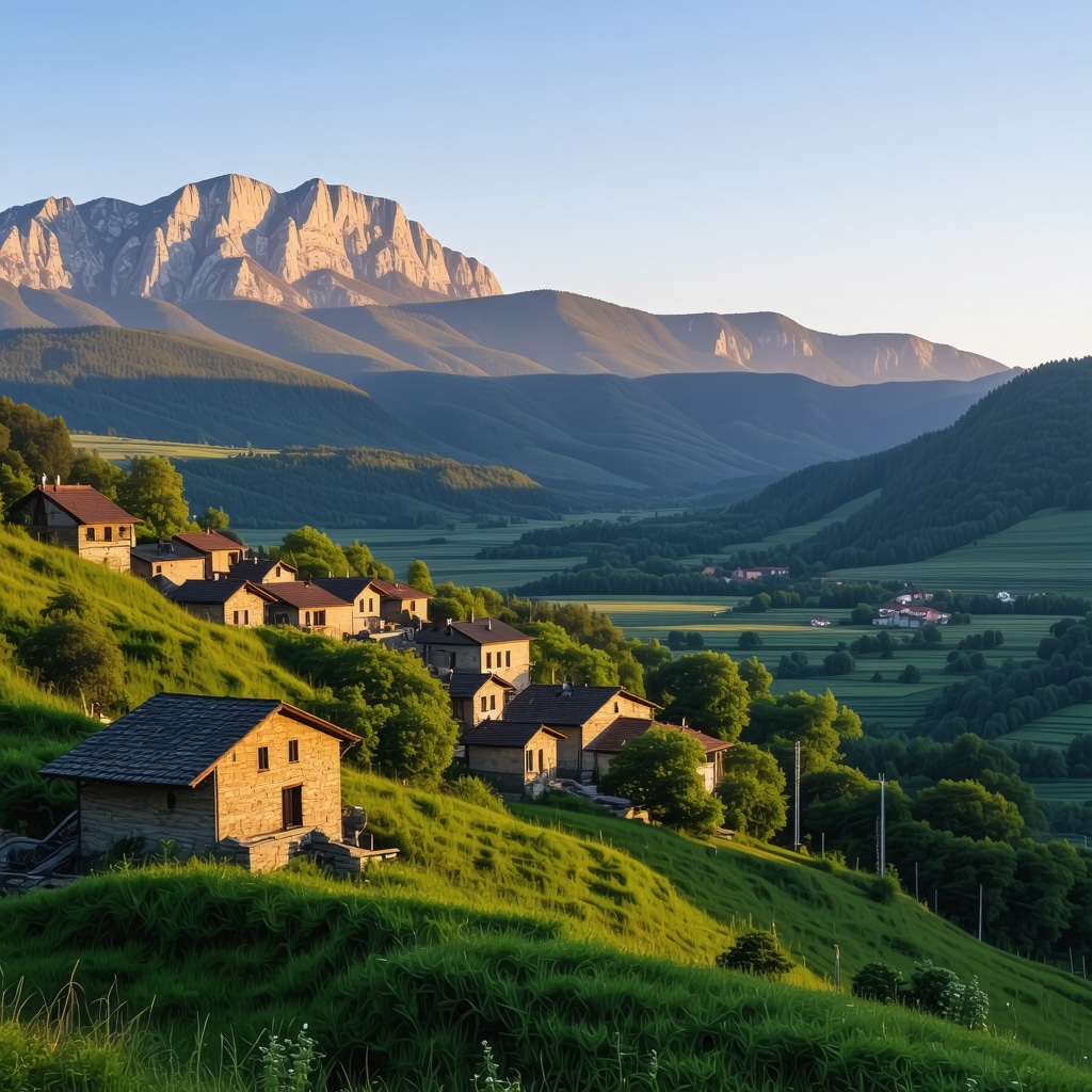 Peisaj montan cu sat tradițional balcanic la apus