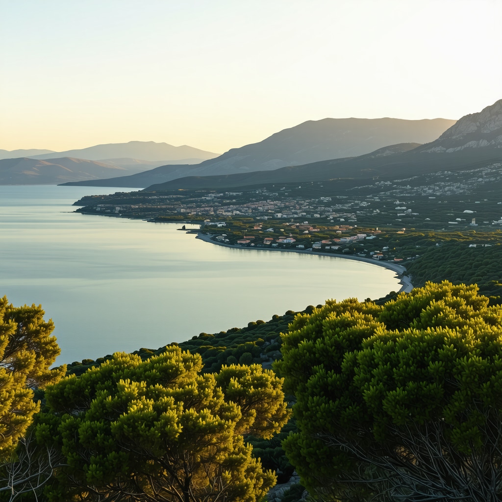 Panoramic view of Brač island with mountains and coastline at sunset