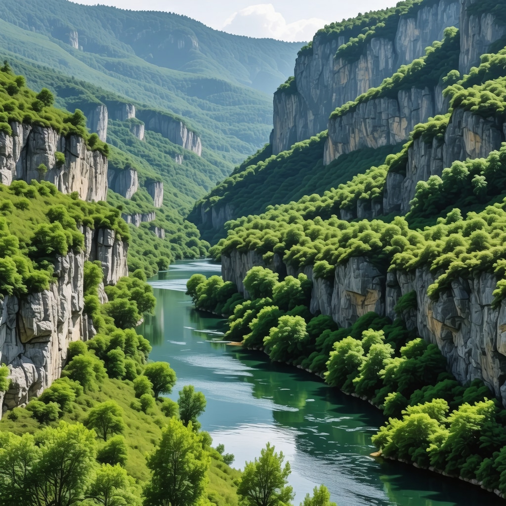 Peisaj montan cu canion, apă cristalină și vegetație luxuriantă în Macedonia de Nord