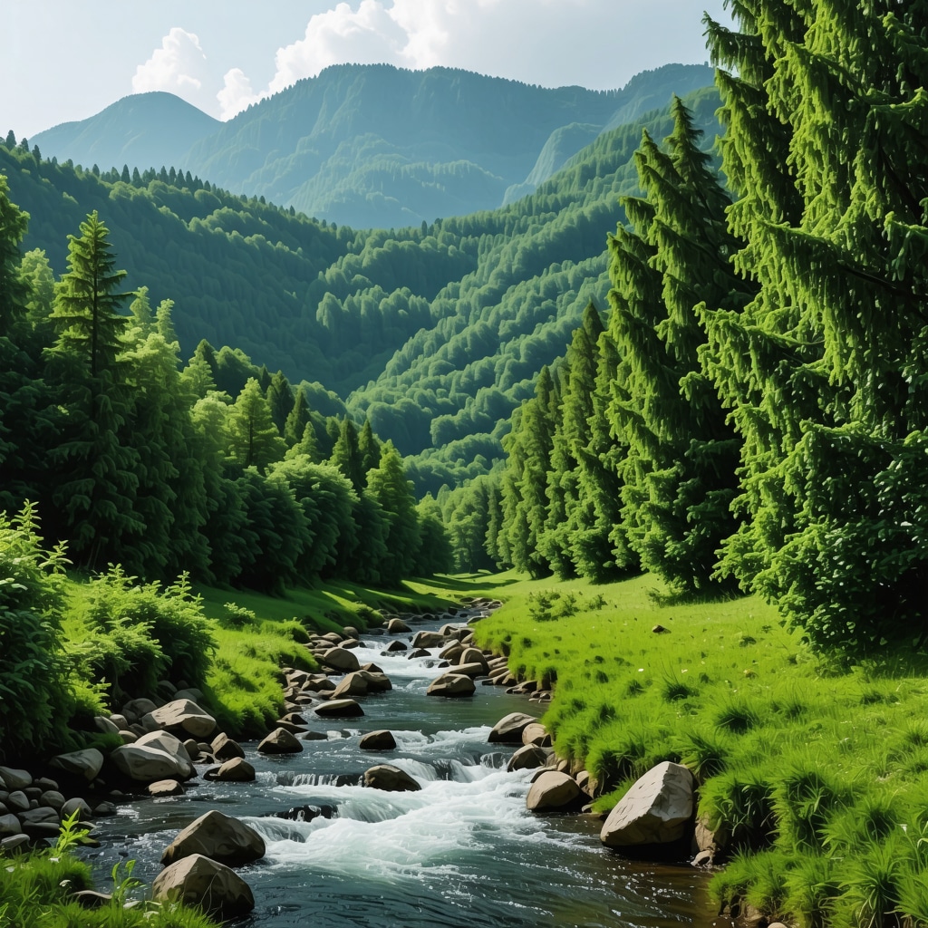 Peisaj montan verde și river scenic