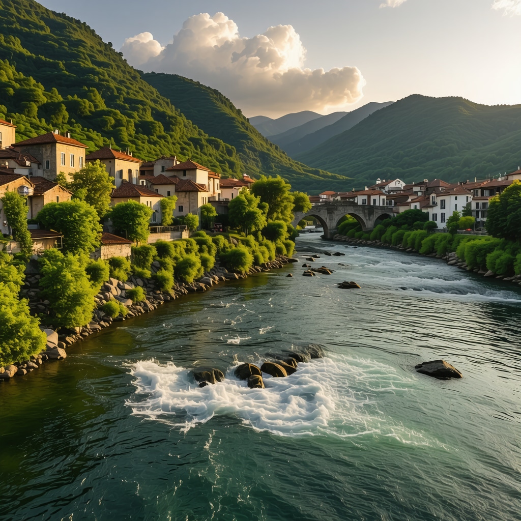 River and stone bridges in Konjic surrounded by green mountains at sunset