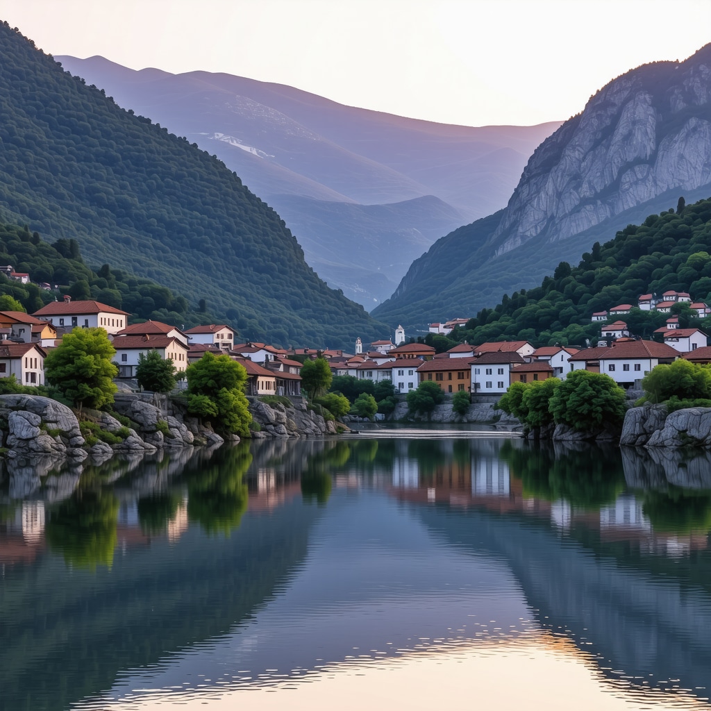 Konjic town with river and mountains at sunset