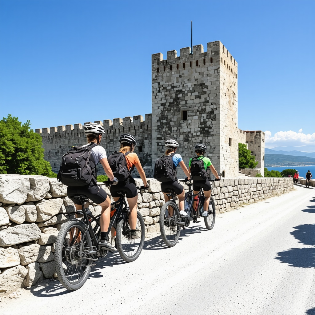 View of Senj's Nehaj Fortress with tourists on electric bikes along the coast, symbolizing sustainable tourism and cultural heritage preservation