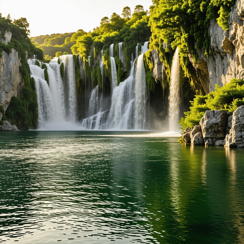 Panoramic view of Skradinski Buk waterfall surrounded by green forests with golden sunlight in Krka National Park