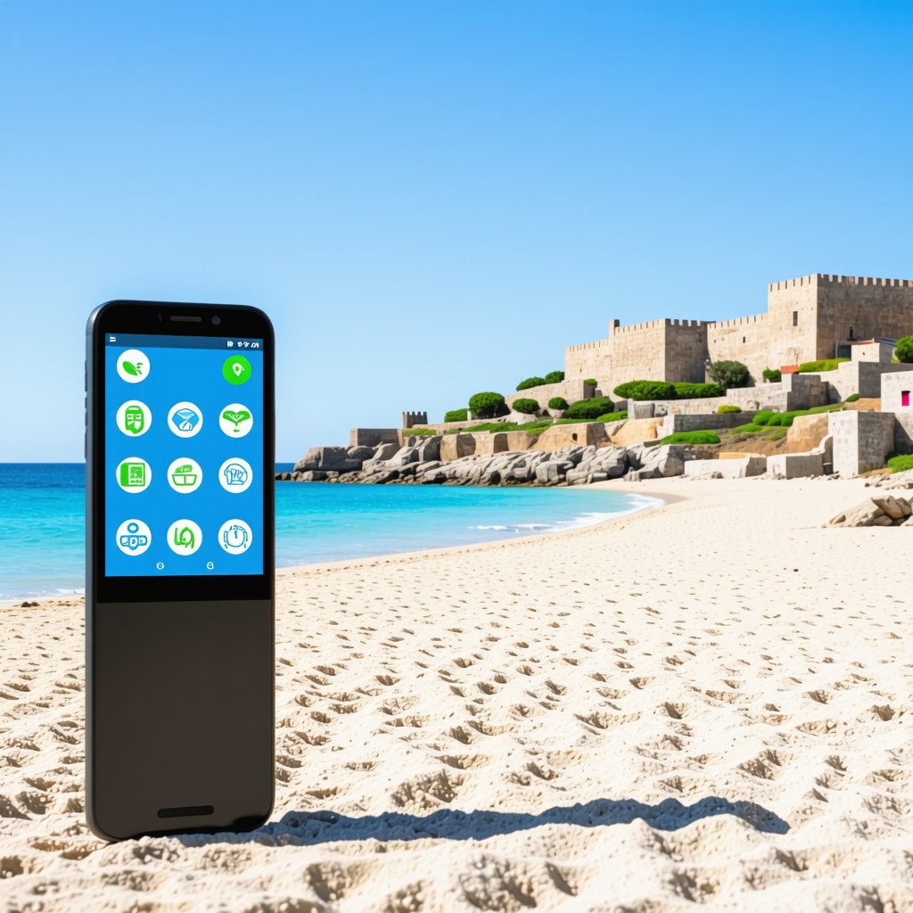 Illustration of IoT sensors and AI applications managing tourist flow and environmental conservation in Rodos
