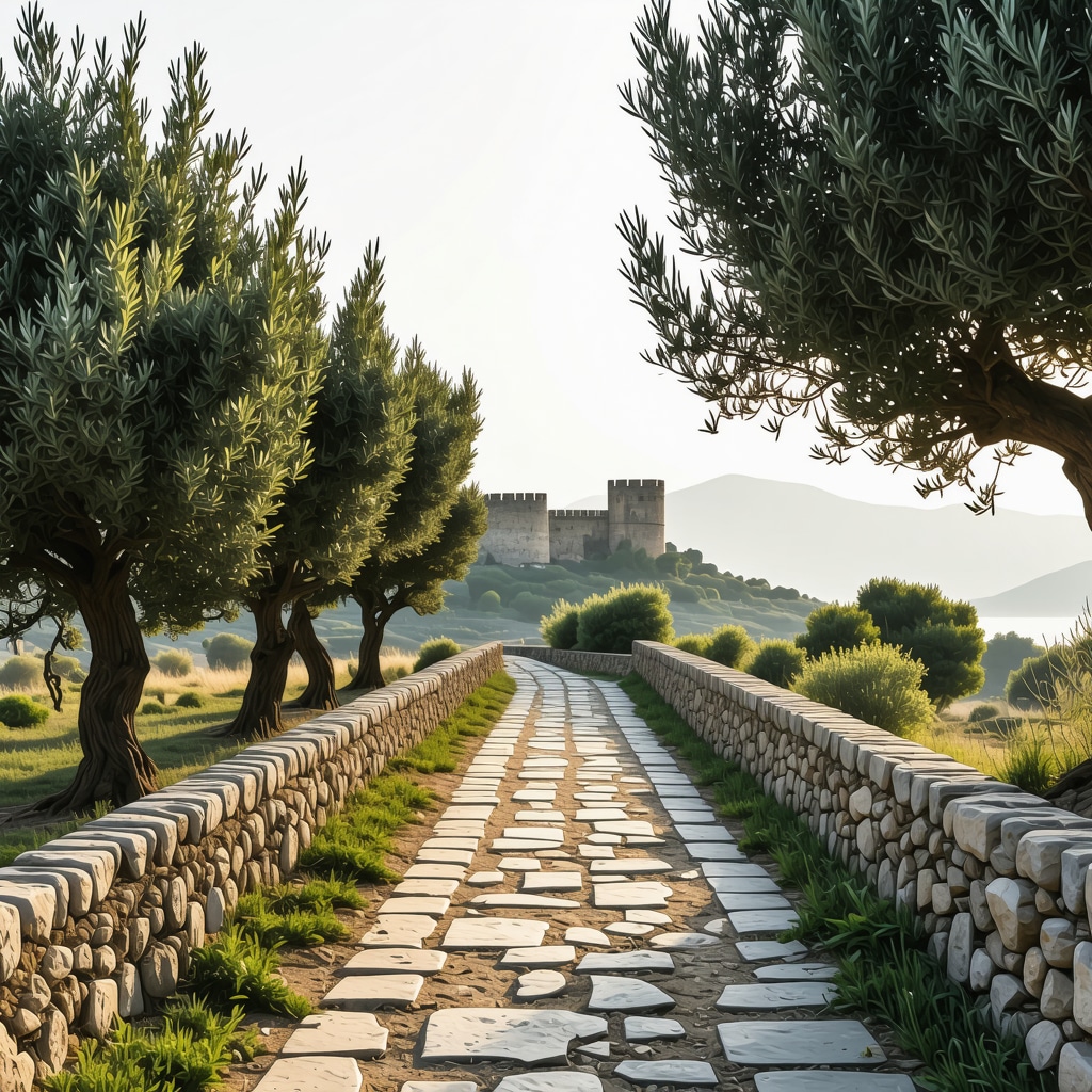 Spring scenery in Nafplio with stone paths, olive trees, and Palamidi fortress in the background