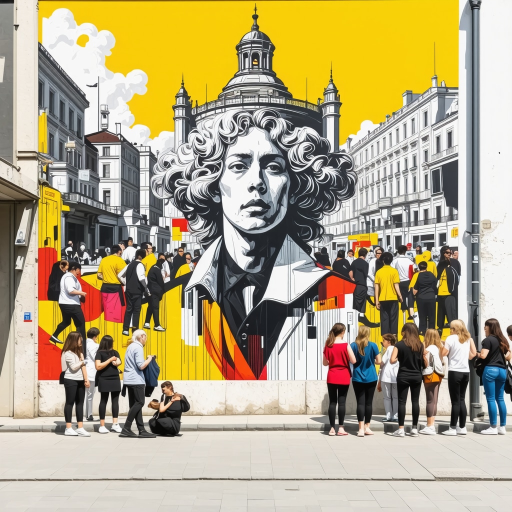 Colorful street art mural depicting a fusion of history and modern life in Belgrade's Dorćol district with people admiring it
