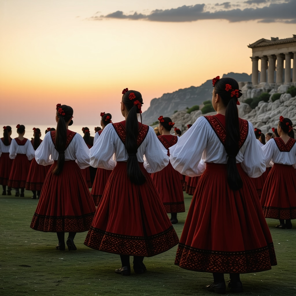 Traditional Albanian festival with music and dance near Roman ruins at Durres coastline