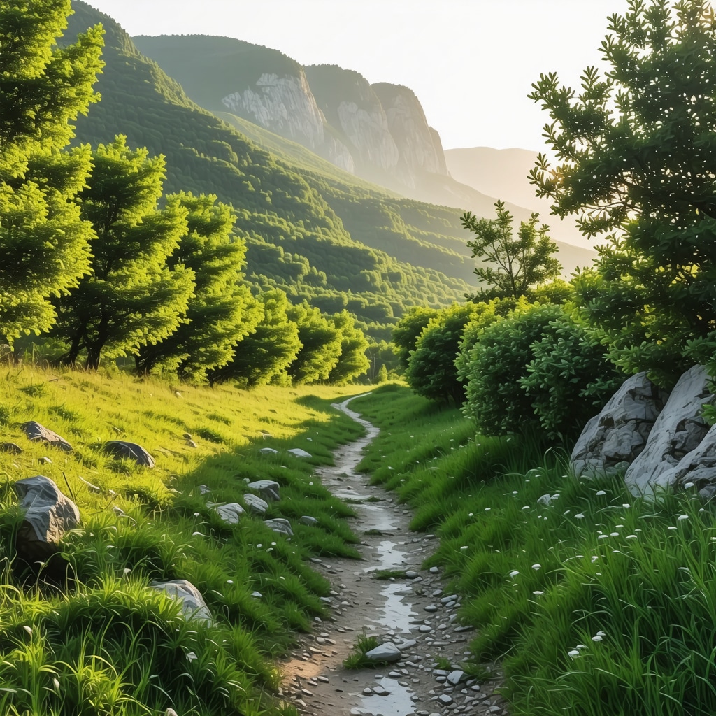 Scenic sunrise view of a mountain trail in Croatia with lush greenery and rugged terrain