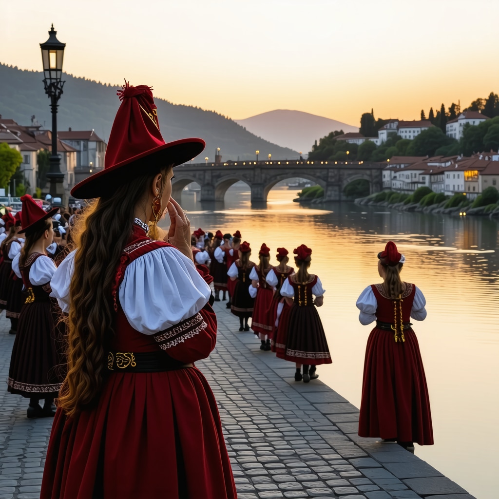 Spectacular sunset view of Visegrad Bridge with people in traditional costumes using AR technology for special events