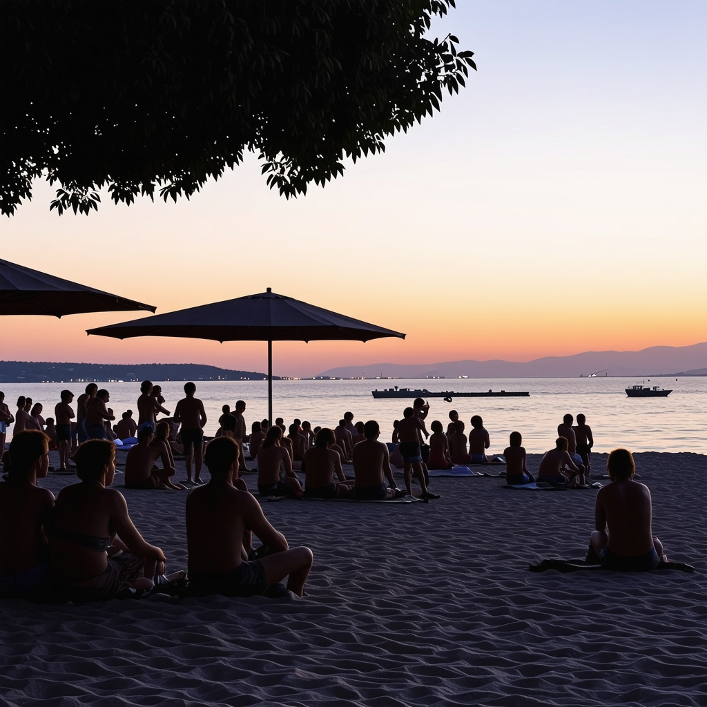 Sunset scene on Zadar coast showing locals and vibrant atmosphere