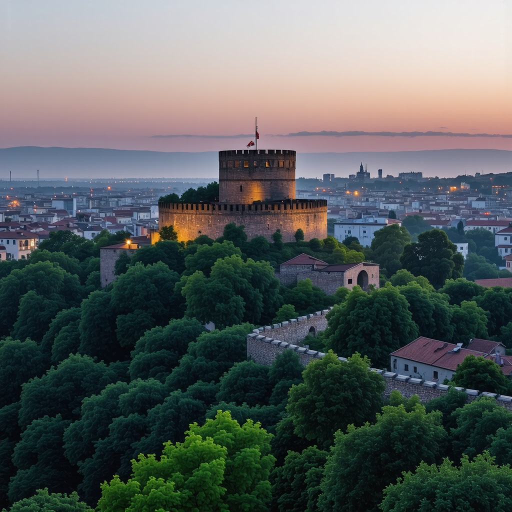 Panoramic sunset view of Kalemegdan fortress in Belgrad