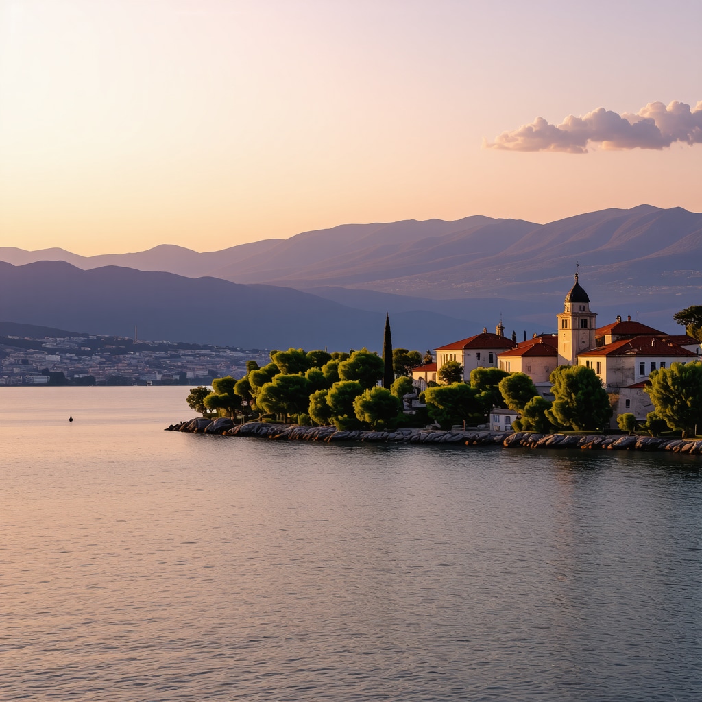 Panoramic sunset view of Lake Ohrid with churches and mountains
