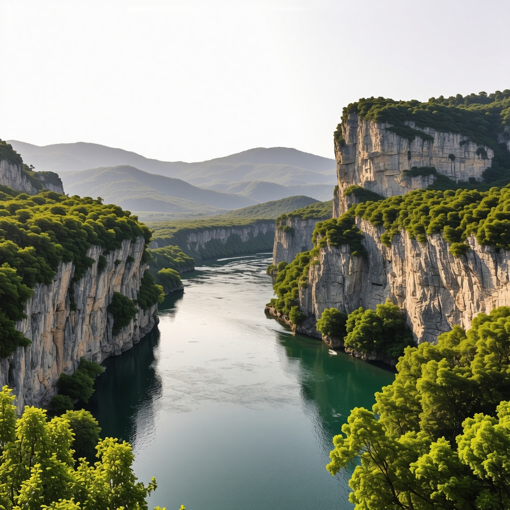 Panoramic view of Matka Canyon with lush greenery and dramatic cliffs at sunset.