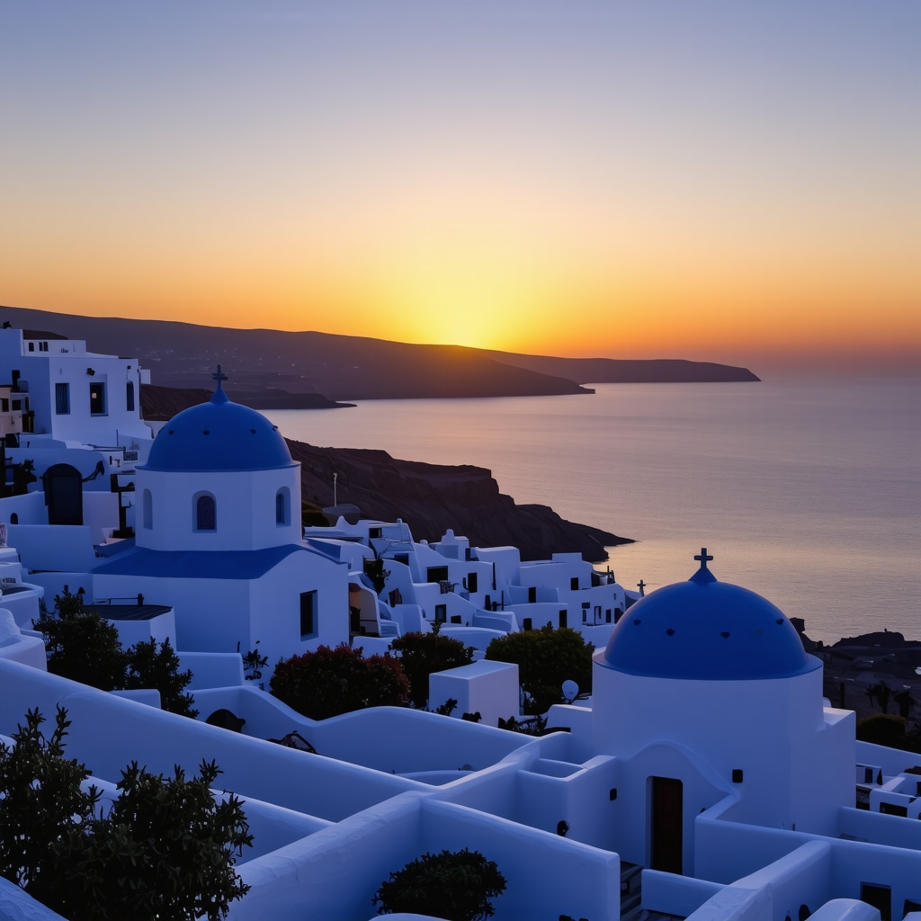 Beautiful sunset over Santorini caldera with white buildings and blue domes