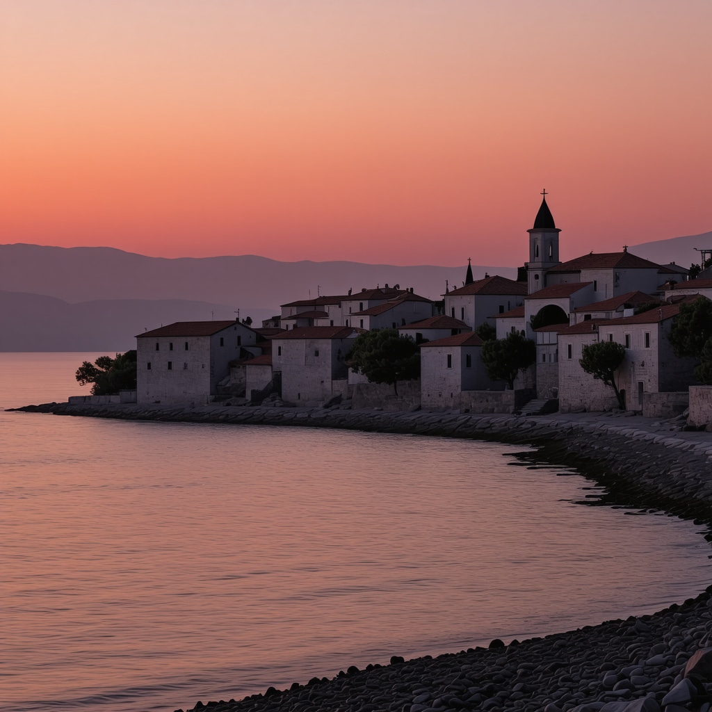 Sunset scene over Trogir medieval city with architecture and sea view
