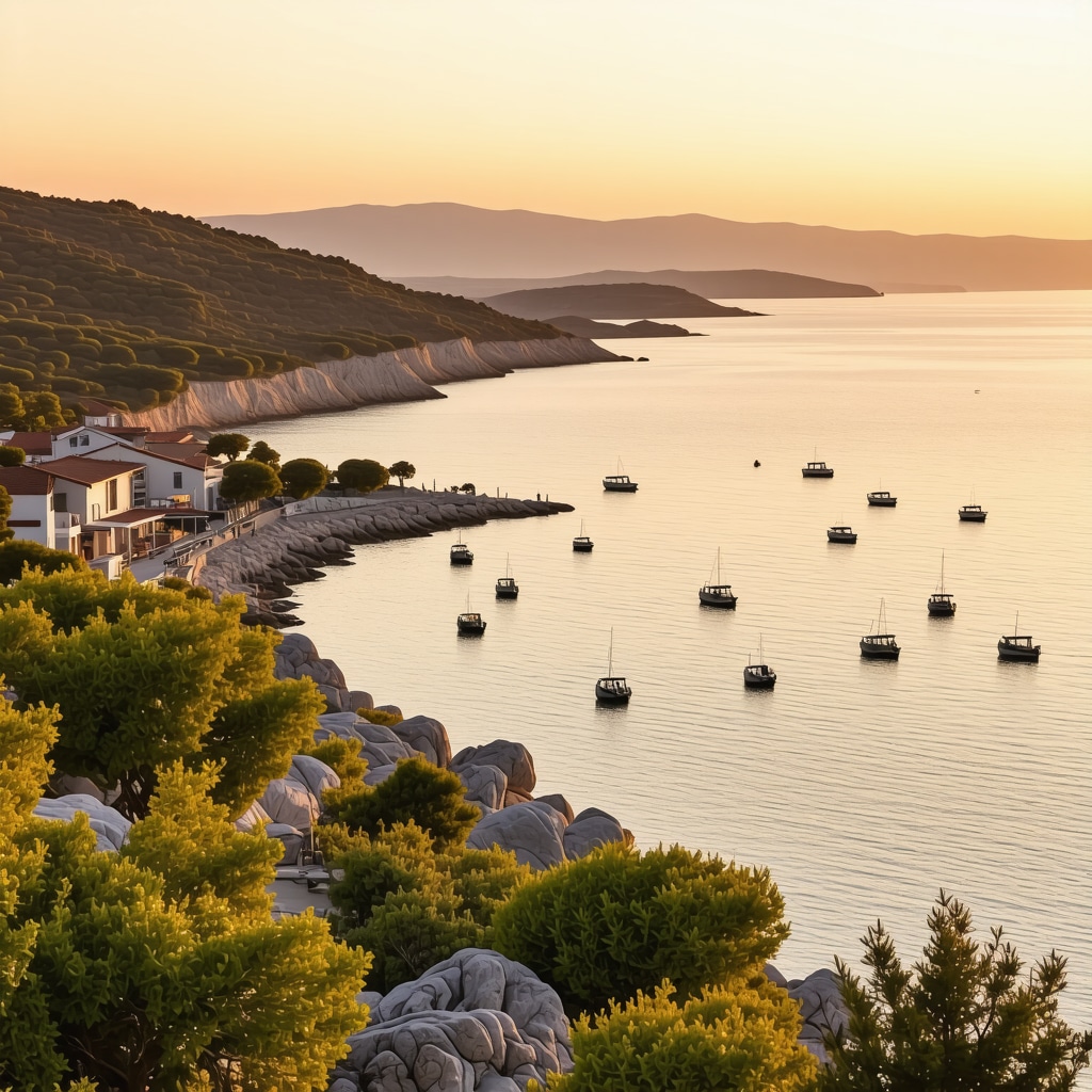 Panoramic sunset view of Vodice coastline showcasing eco-friendly tourism, hikers, and local traditional markets