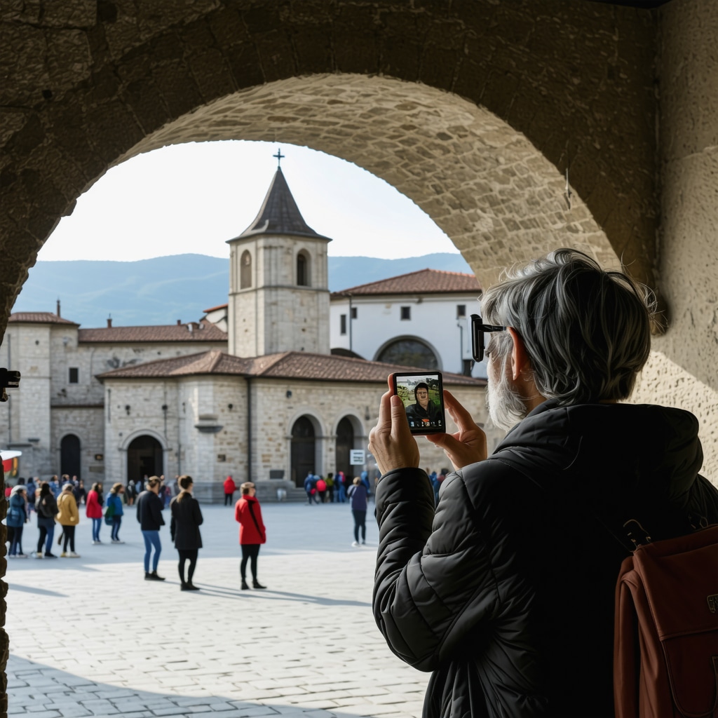 Tourist using AR app to view medieval church in Prizren