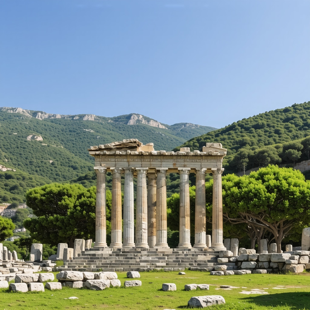 Ancient Temple of Apollo ruins at Delphi with surrounding mountains and blue sky