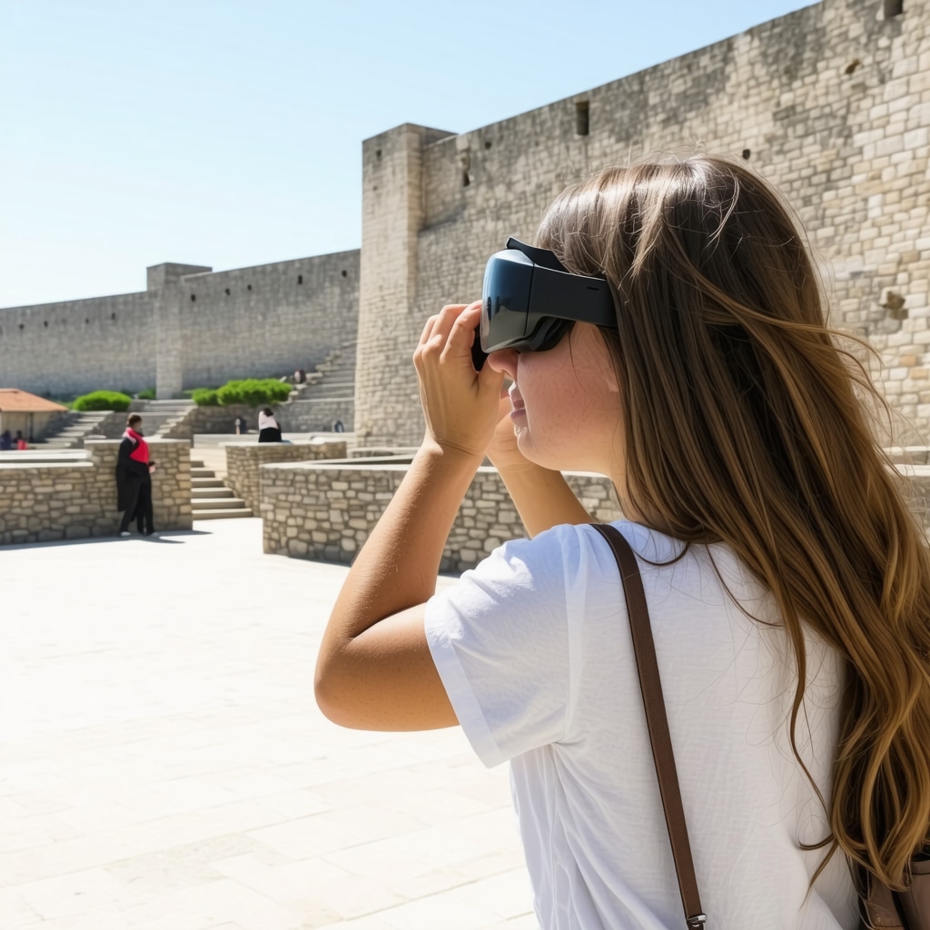 Tourist wearing augmented reality glasses viewing Palamidi fortress in Nafplio