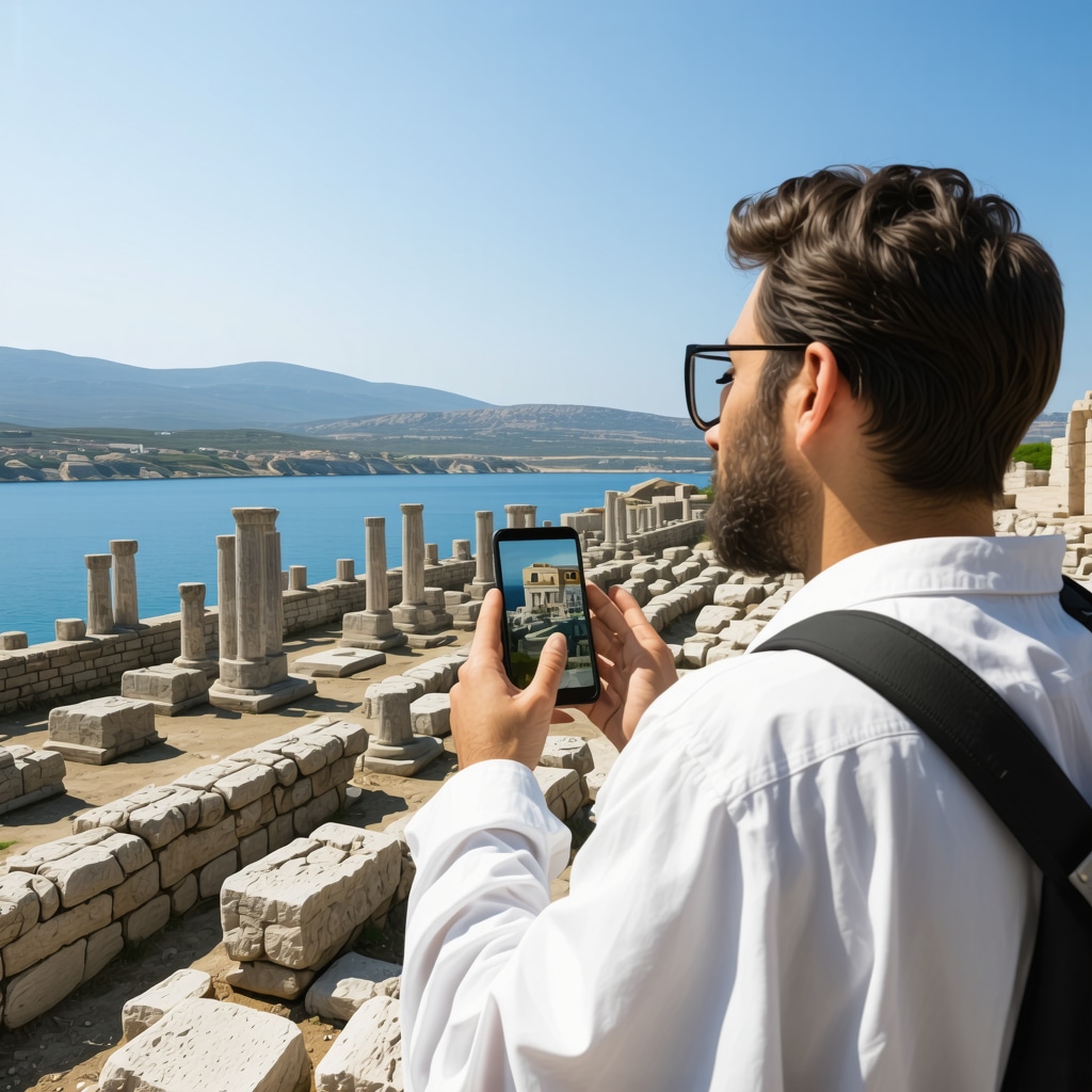 Tourist exploring archaeological ruins with augmented reality app in Volos, Greece