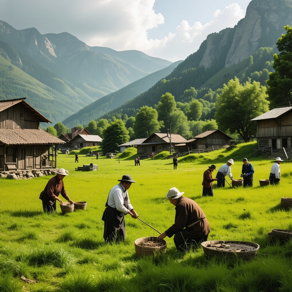 Village scene in Albanian mountains with artisans and lush nature
