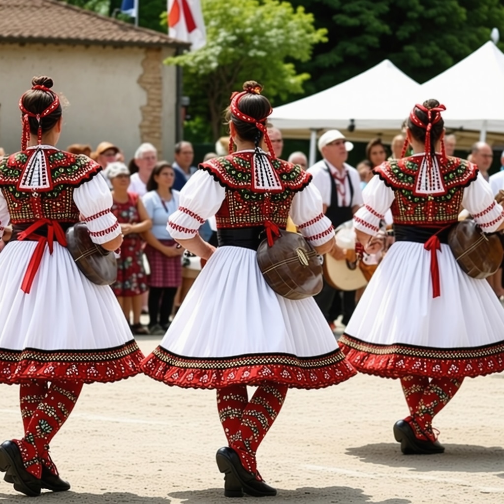 Festival cu dansatori în costume populare și muzică live, ilustrând autenticitatea și bucuria comunității