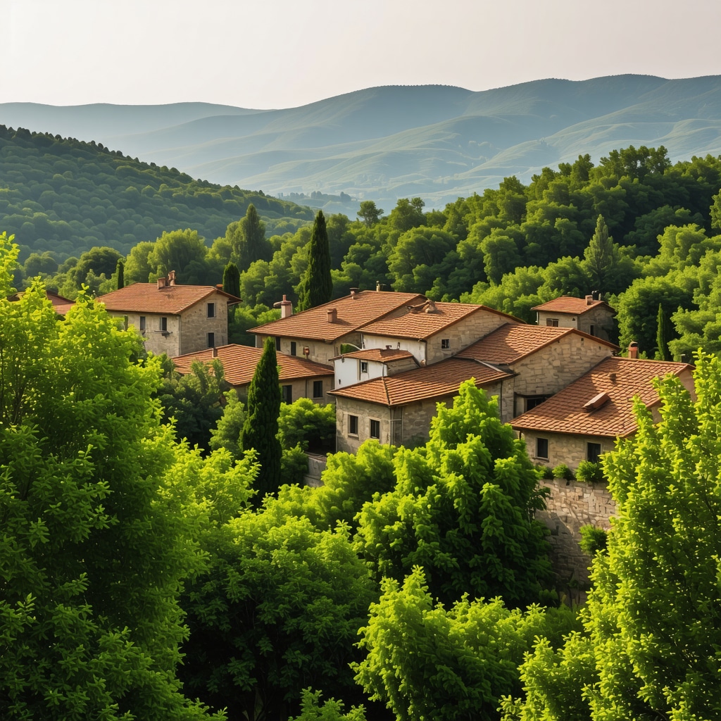 Balkan village with traditional houses and scenic landscape