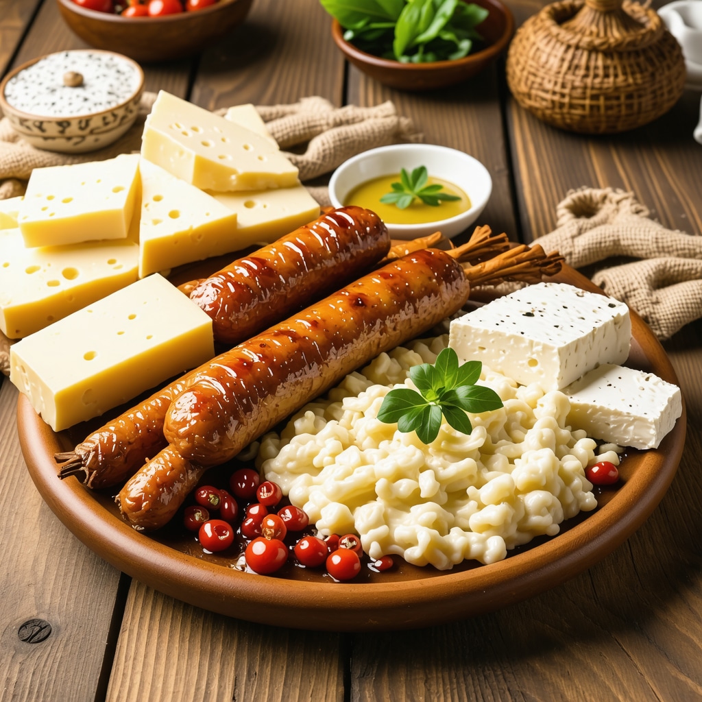 Plated traditional Romanian dishes including sarmale and mămăligă on rustic wooden table with Transylvanian folk decor
