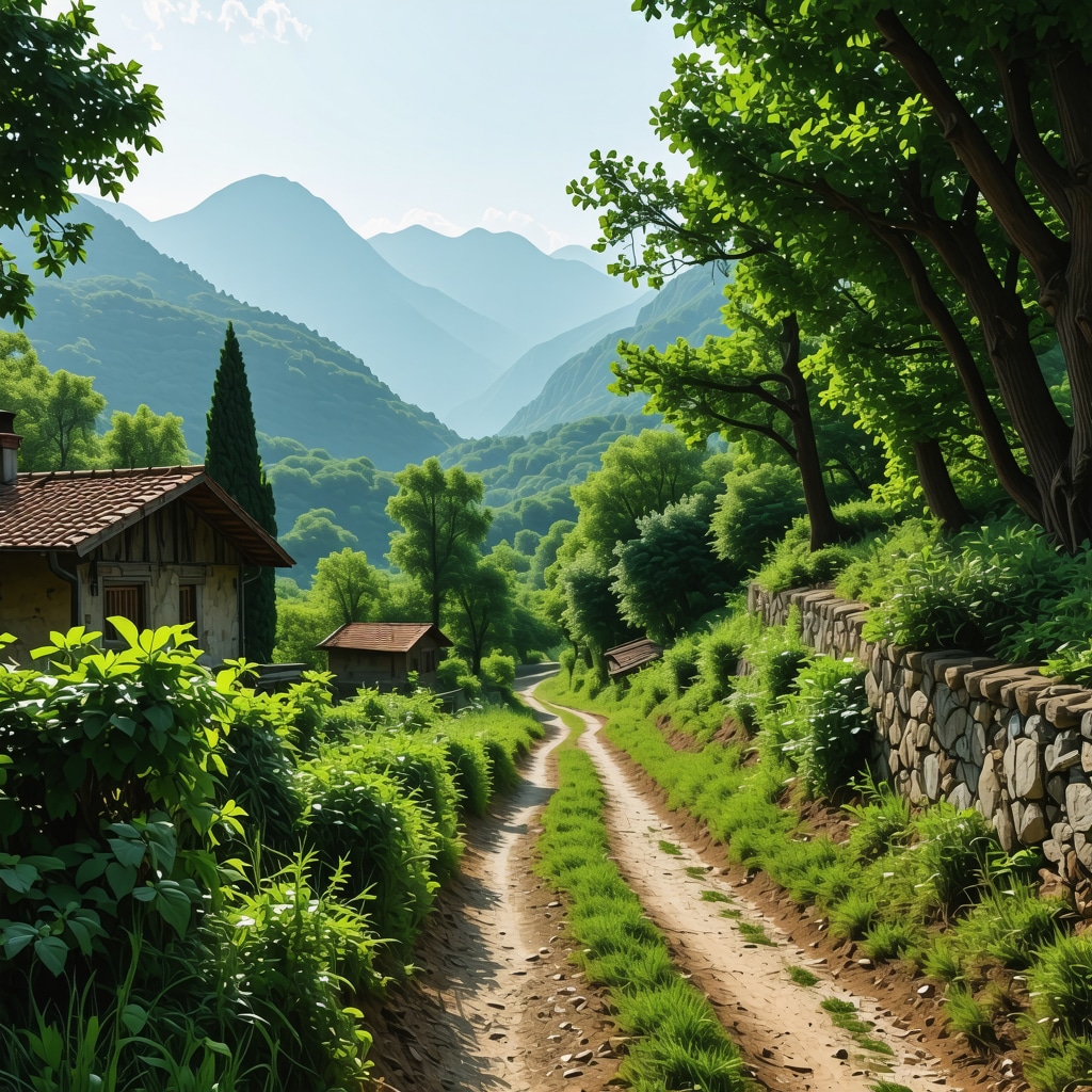 Trasee montane în Muntenegru cu peisaje spectaculoase, sate tradiționale și păduri luxuriante, în stil vibrant
