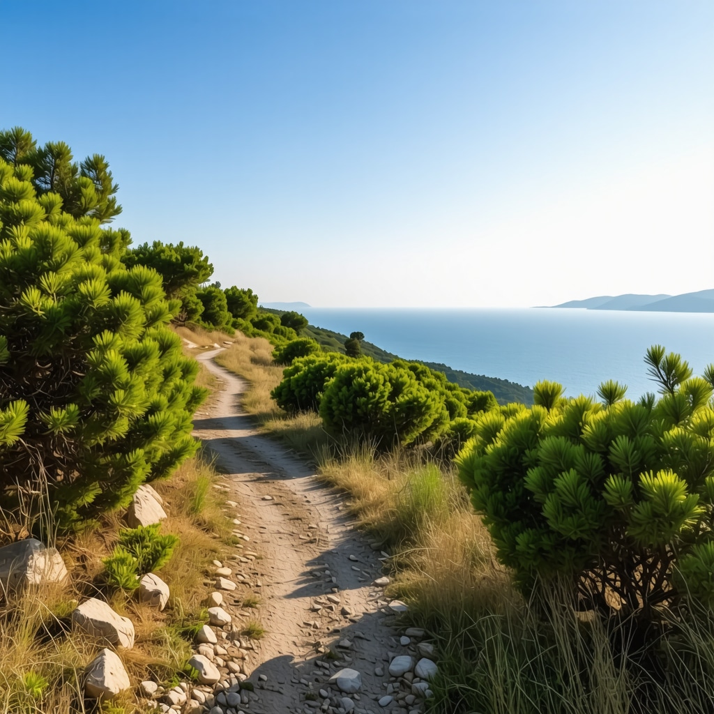 Traseu montan în Halkidiki cu pădure de pini și vedere panoramică asupra mării