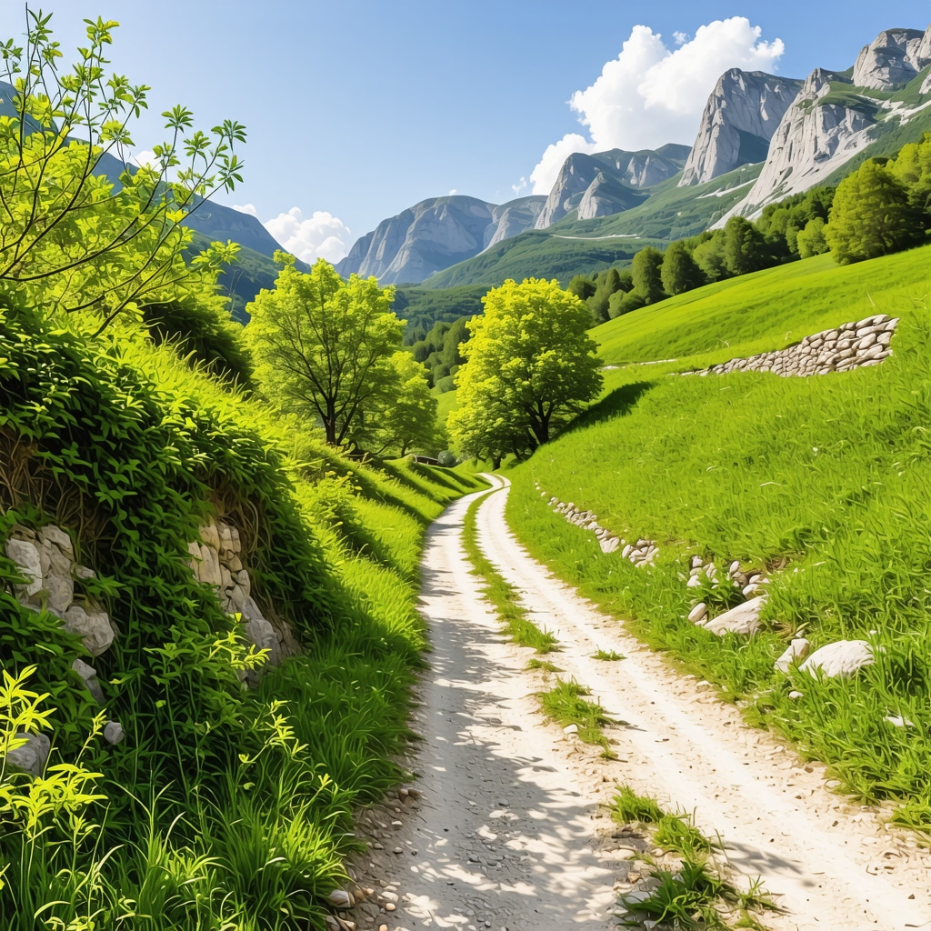 Vedere panoramică a unui traseu montan în Muntenegru cu peisaje verzi și sate tradiționale