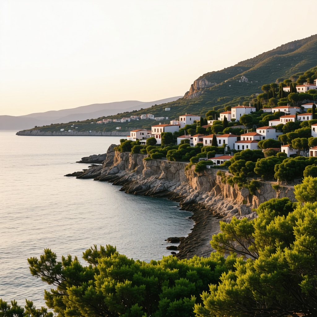 Beautiful sunset over Ulcinj's coast with traditional buildings and greenery