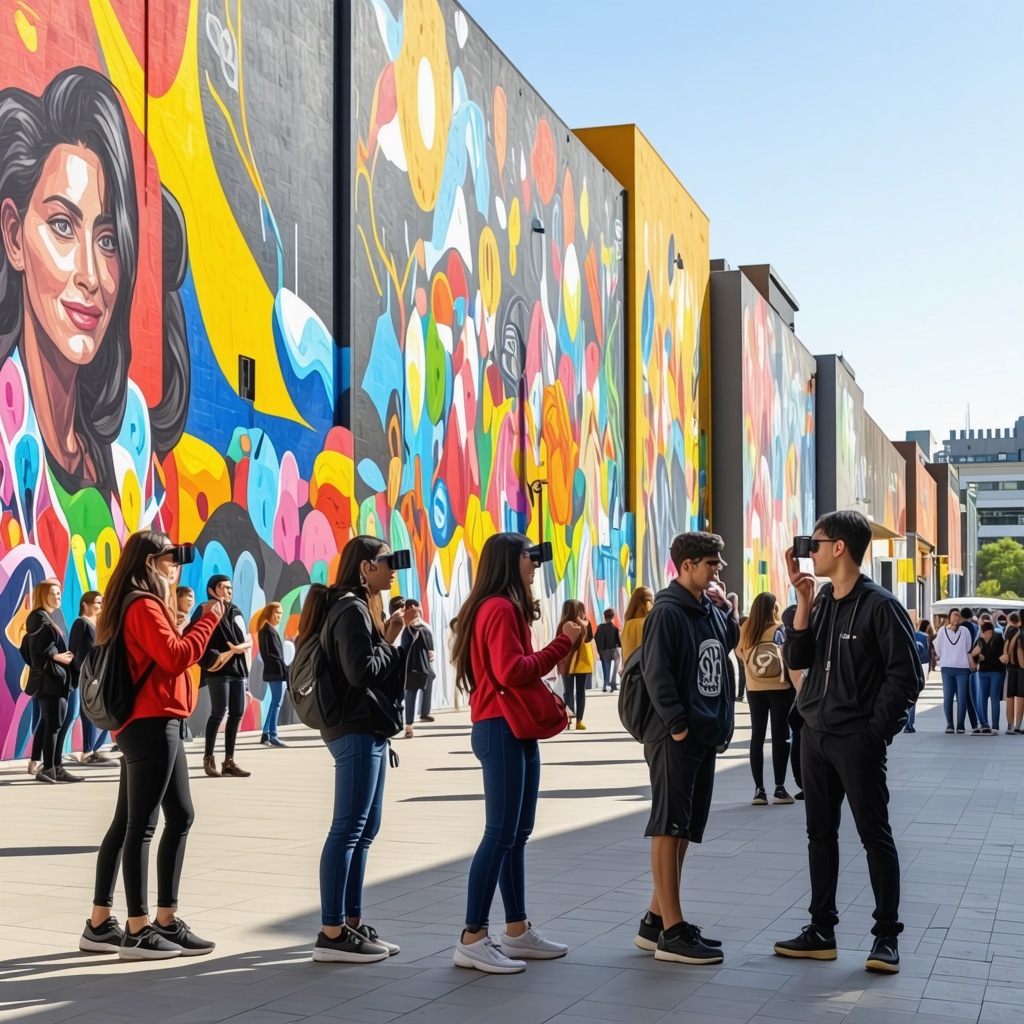 Colorful murals and digital art installations with young people using AR devices in Pristina street