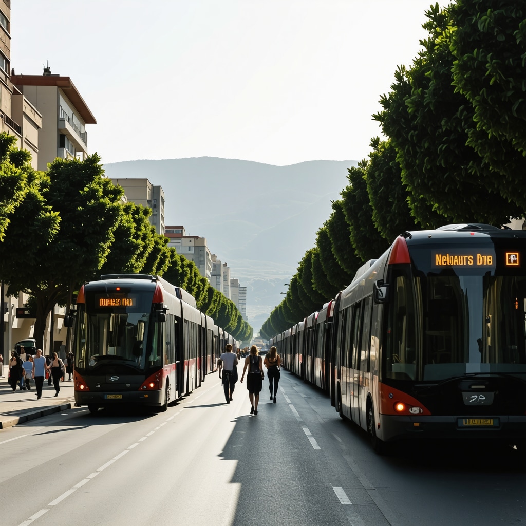 Colorful street in Tirana featuring murals and electric buses symbolizing urban innovation