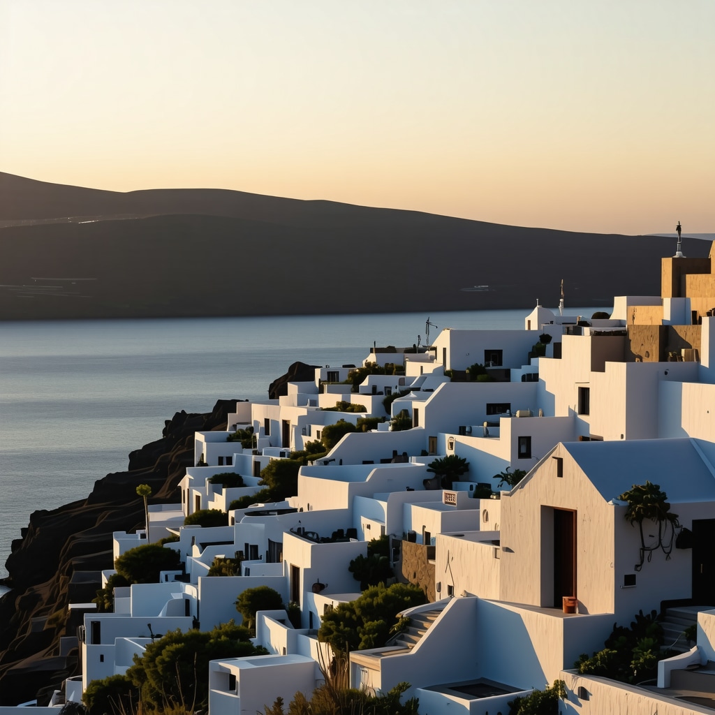 Vedere panoramică a insulei Santorini în timpul apusului cu case albe și caldera