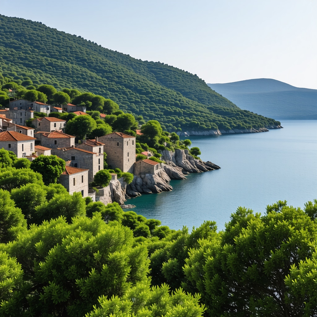 Peisaj al insulei Lastovo cu case tradiționale și mare în fundal
