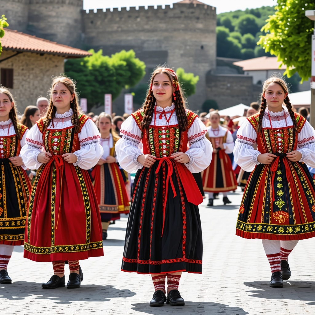 Traditional Bulgarian festival in Veliko Tarnovo with people in costumes and digital augmented reality elements