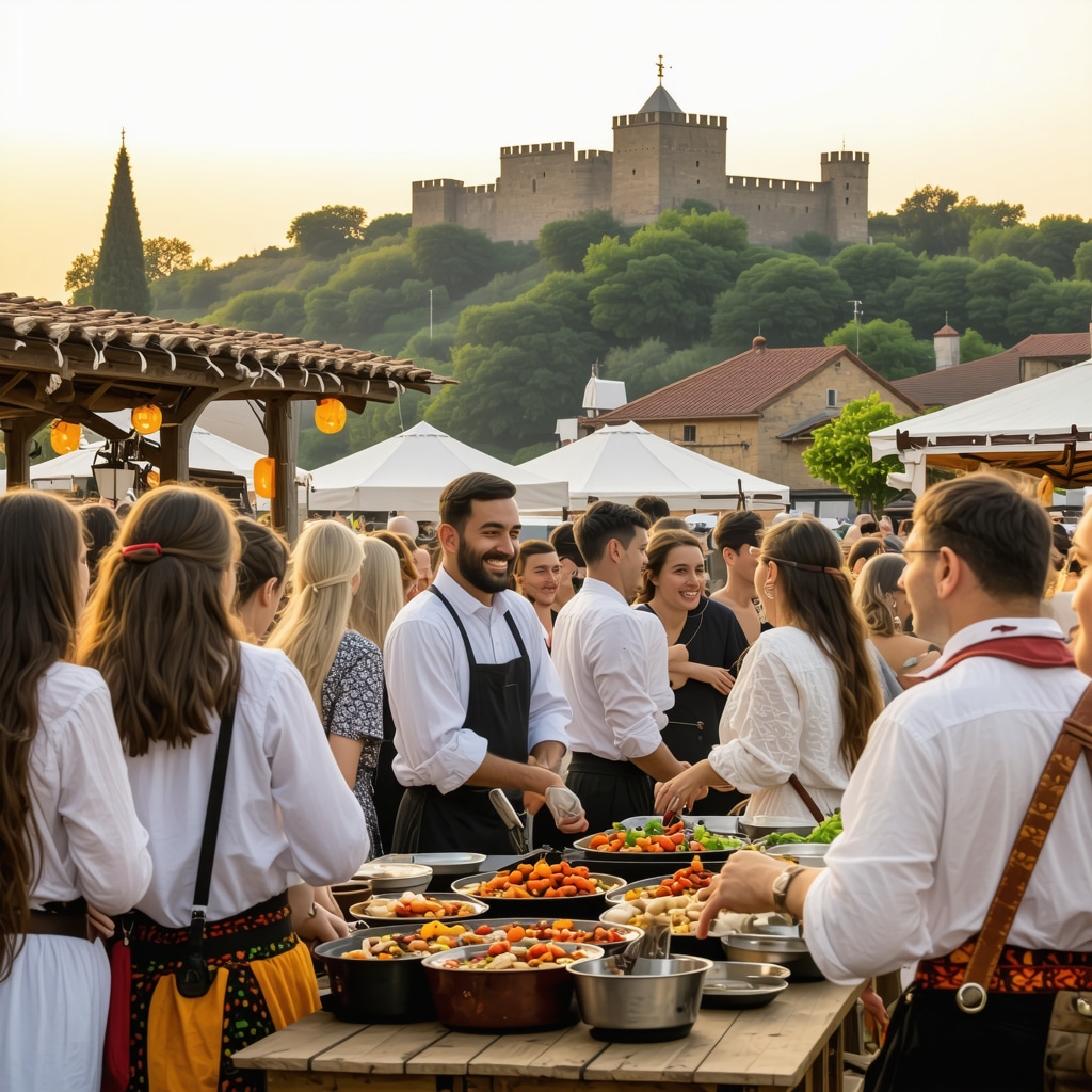 Festival scene in Veliko Tarnovo with traditional food, crafts, and interactive exhibits during sunset with fortress backdrop
