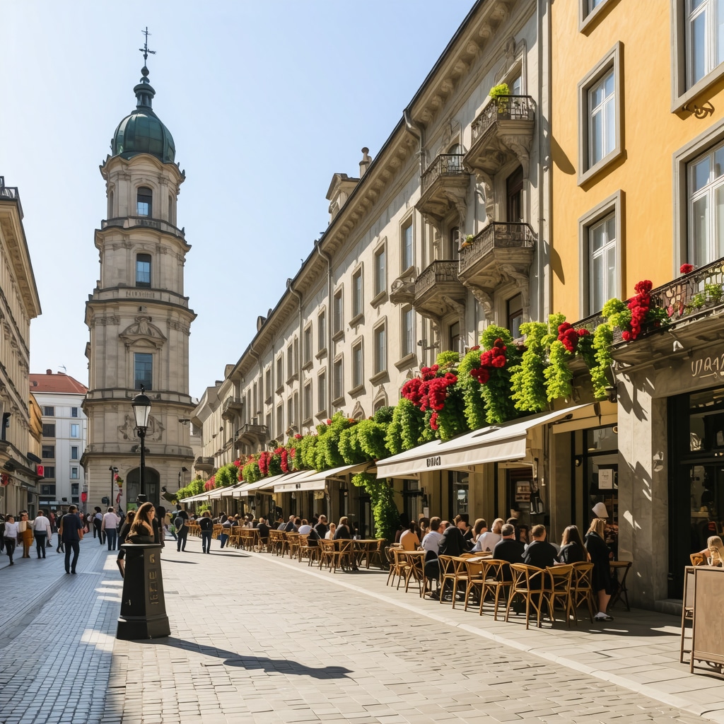 Colorful street in Belgrade with historic buildings and bustling cafes