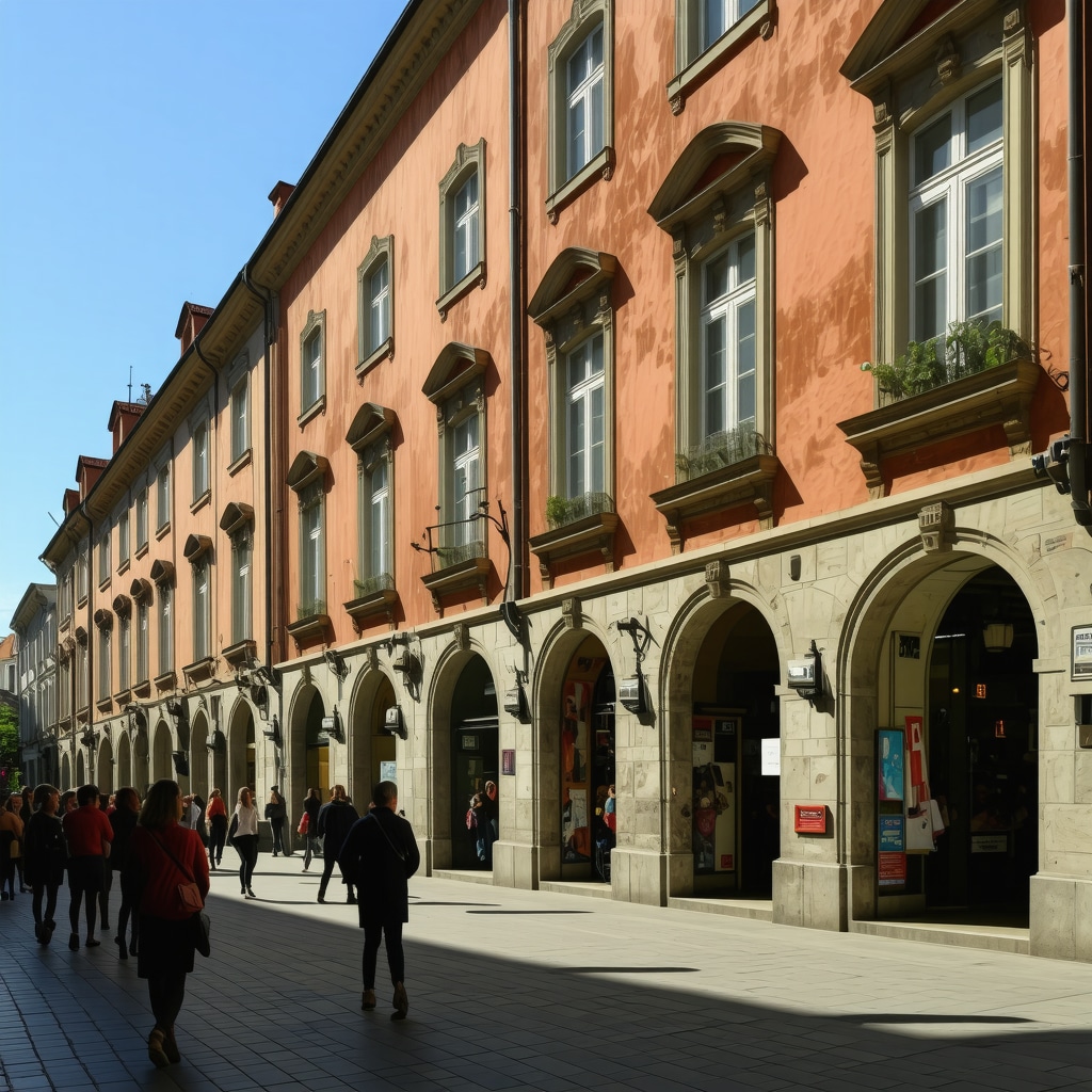 Colorful street scene in Ljubljana with modern art and historic buildings